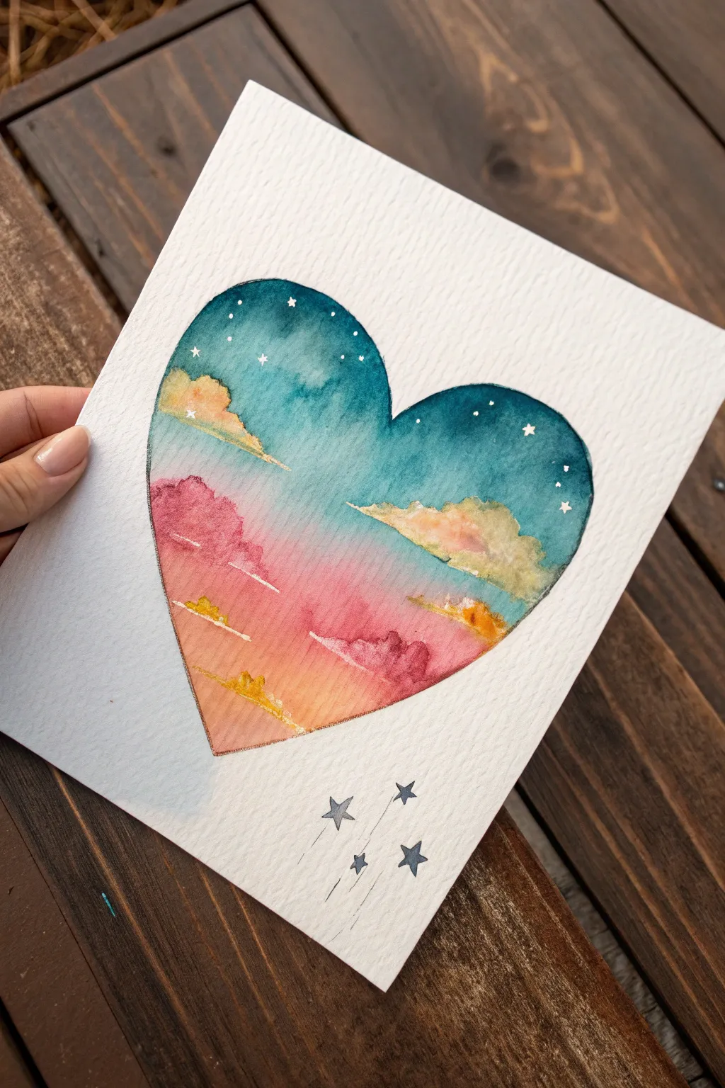 Heart window sky painting with a tiny dad and daughter silhouette, a sweet Fathers Day gift idea