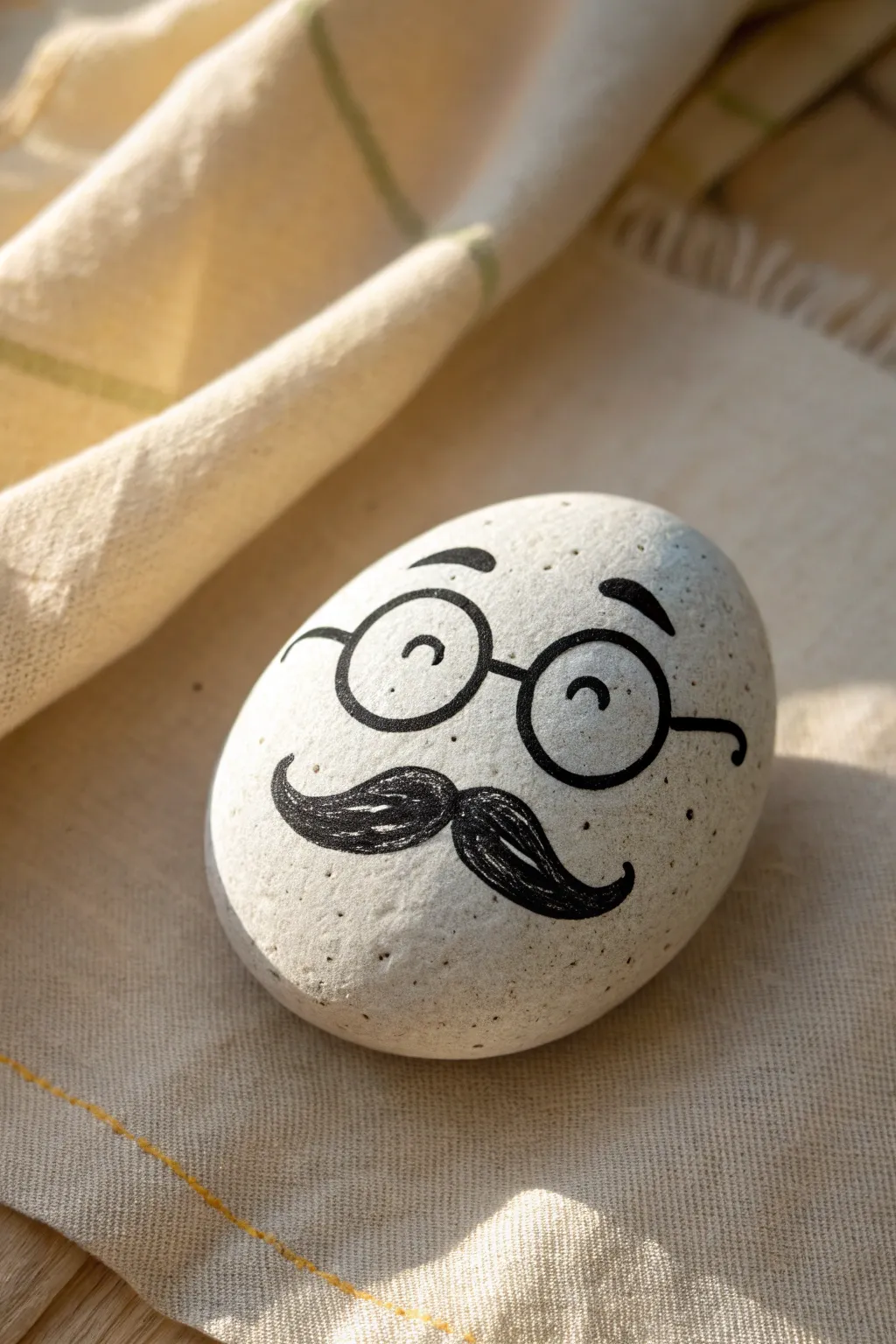 Minimal dad face rock painting idea with glasses and mustache in clean Scandinavian boho style
