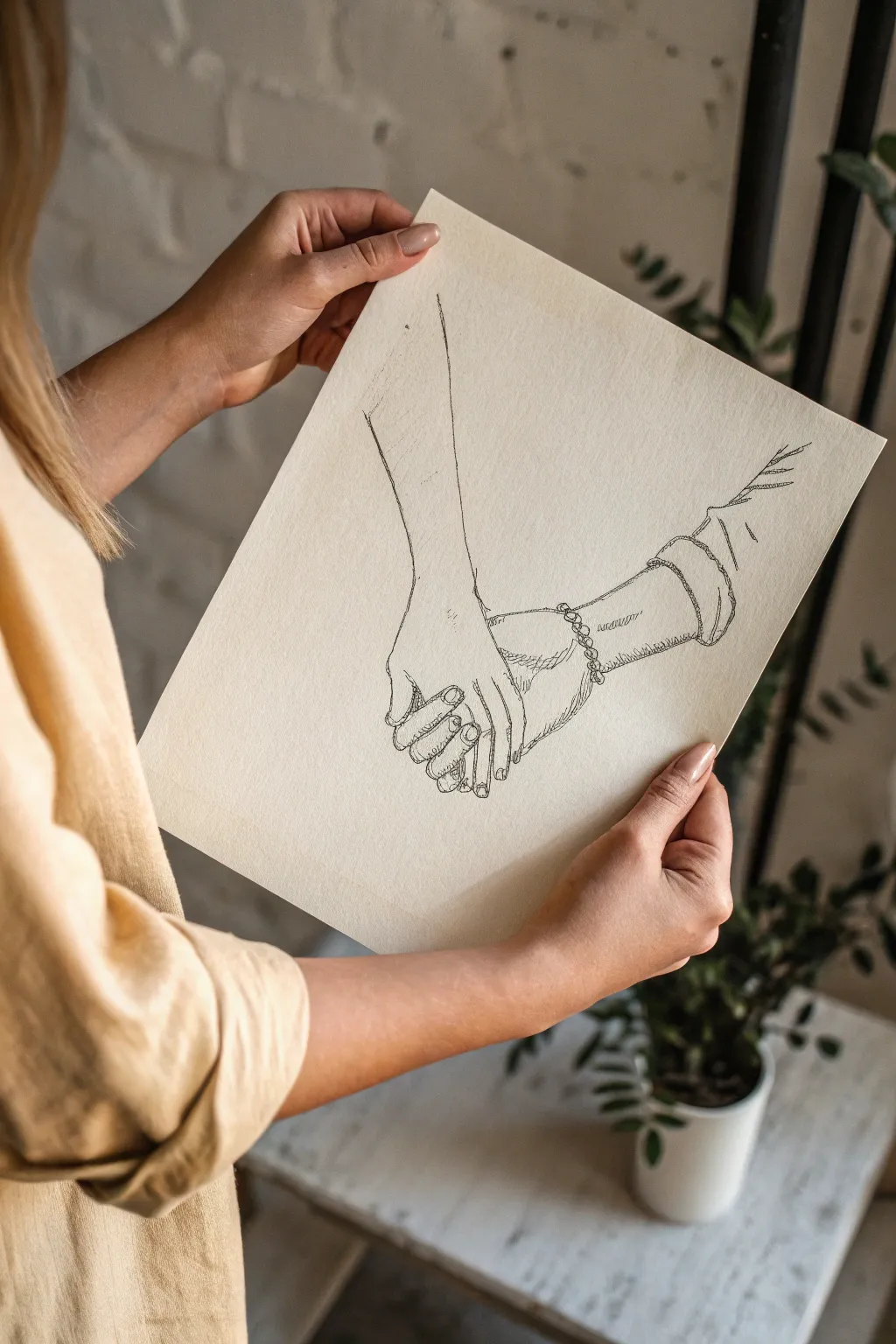 Minimal February romance: intertwined hands sketch with warm shadows and calm Nordic simplicity.