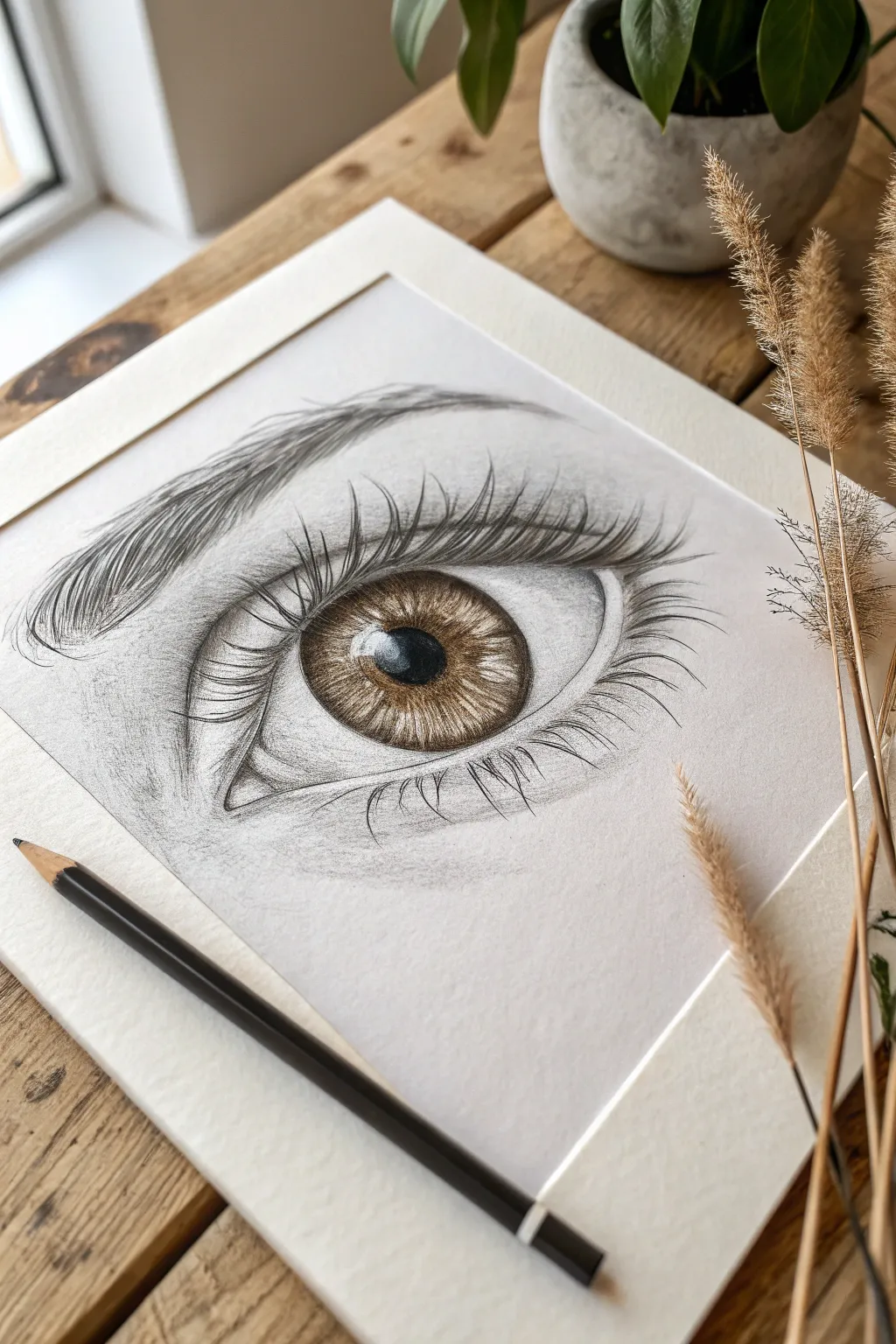 Hyper-real eye close-up study with crisp lashes, glossy highlights, and intricate iris texture