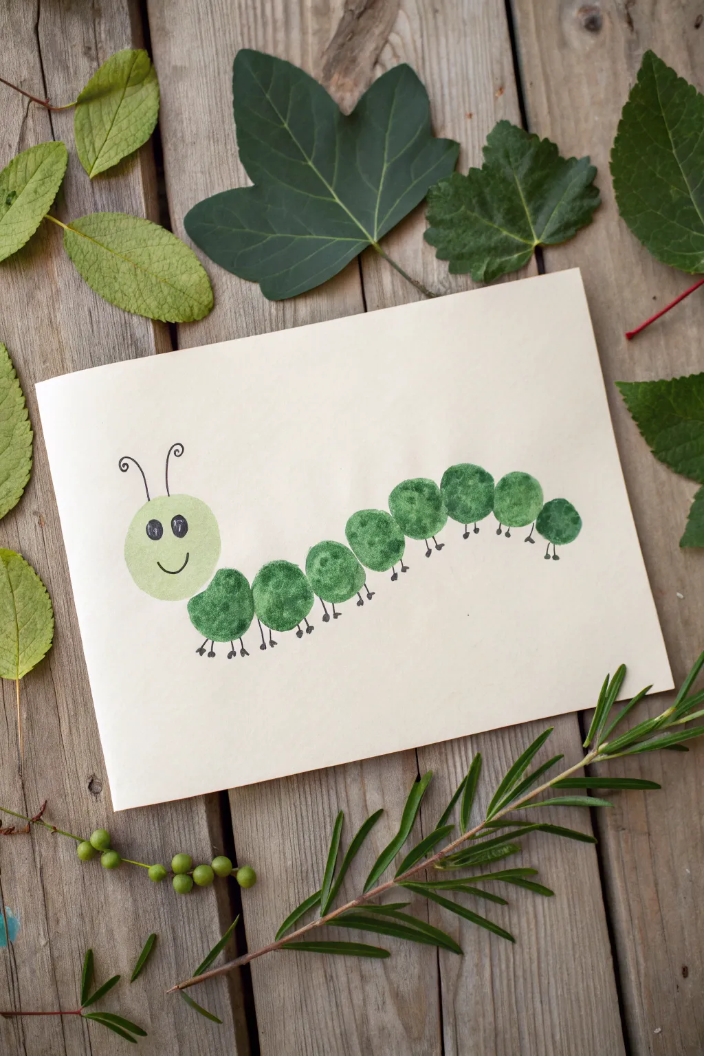 Fingerprint caterpillar parade on clean paper, Scandinavian minimal toddler art with leafy boho charm