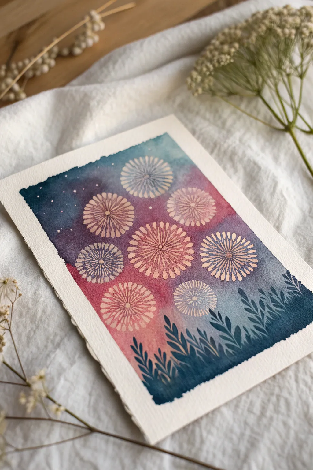 Sponge-stamped firework clouds: dreamy smoky blooms layered on a calm midnight wash.