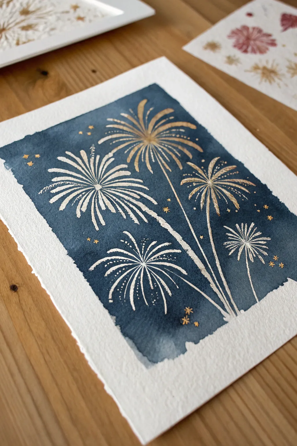 Wax-resist fireworks pop through a deep midnight wash for an easy, glowing night-sky study.