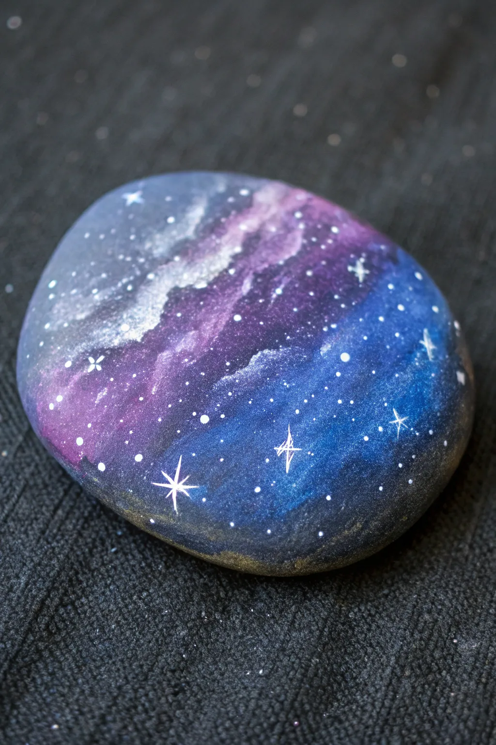 Moody galaxy flat rock with tiny splattered stars, minimalist Scandinavian-boho craft vibe