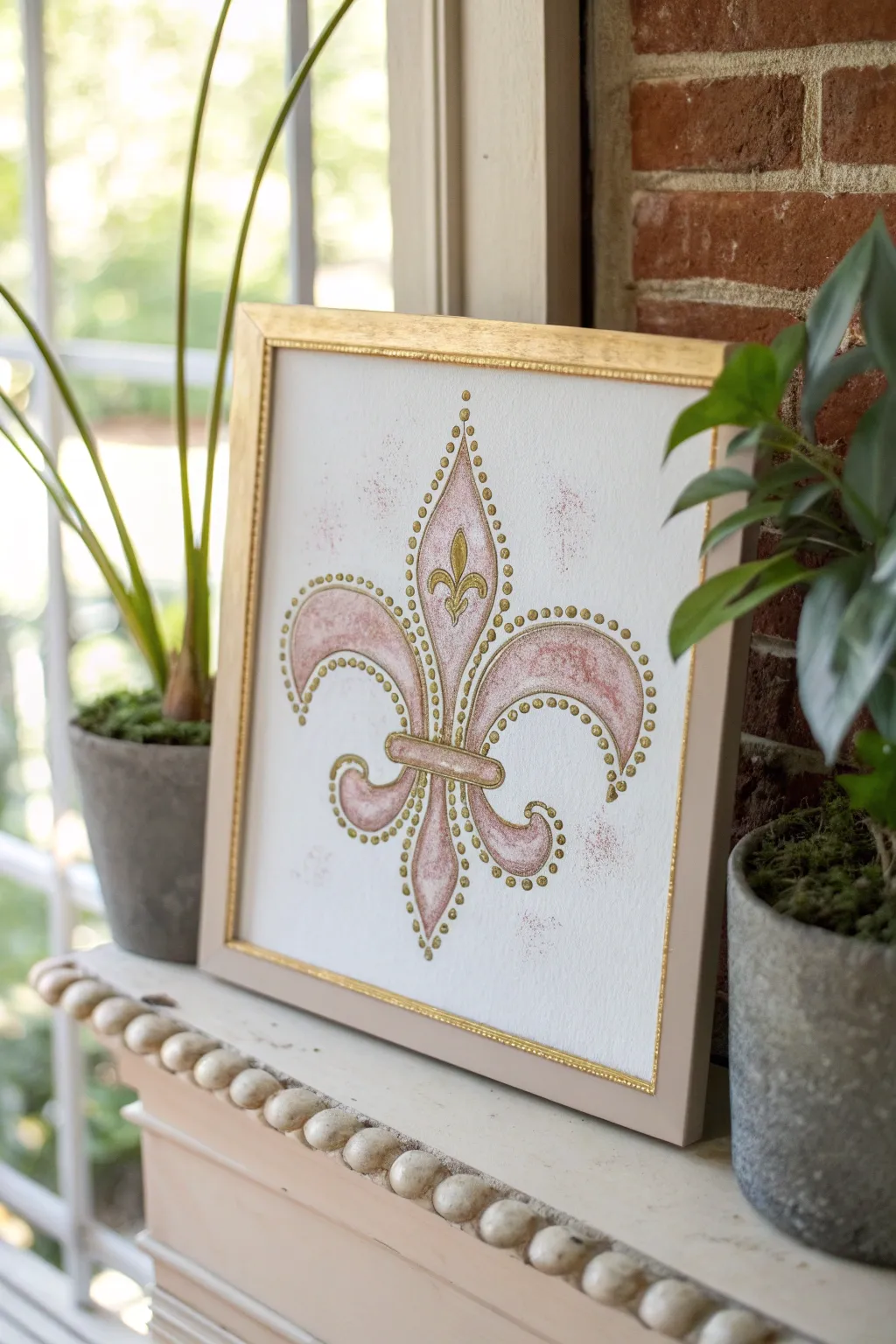 Minimal fleur de lis with fine filigree and gold jewel dots for a soft boho Scandinavian look