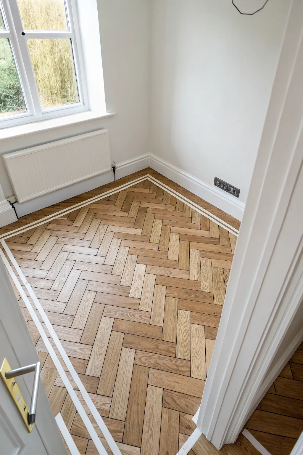 Crisp two-tone herringbone floor paint illusion for a calm Scandinavian space with boho warmth