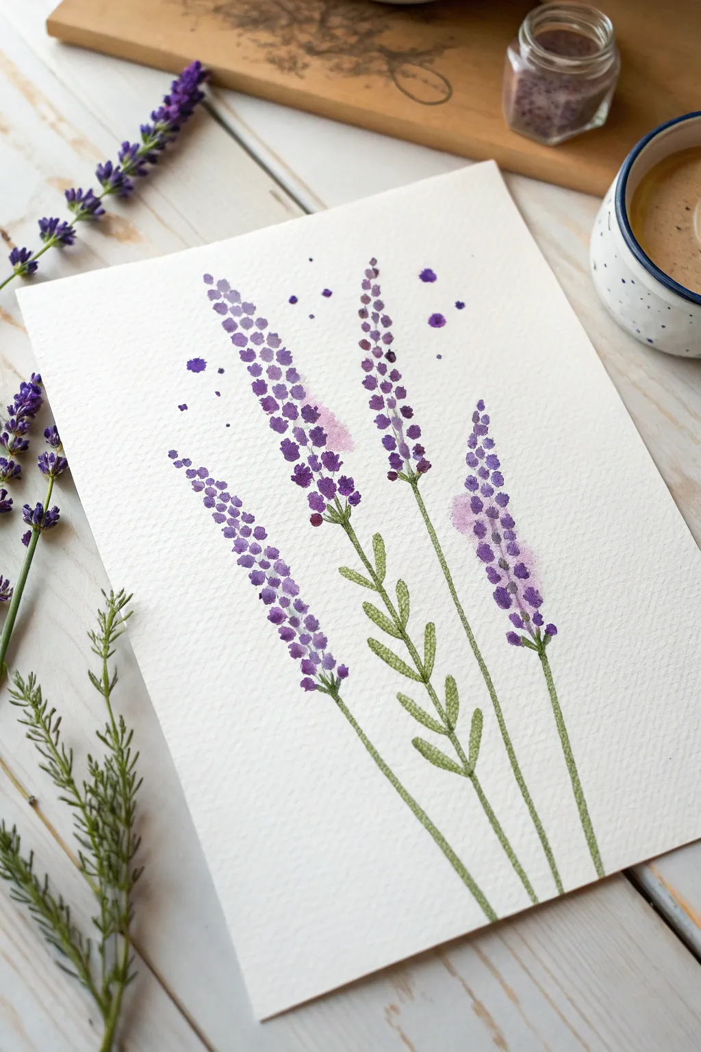 Minimal dot-painted lavender stems with purple gradients, a calm Scandinavian boho flower art idea