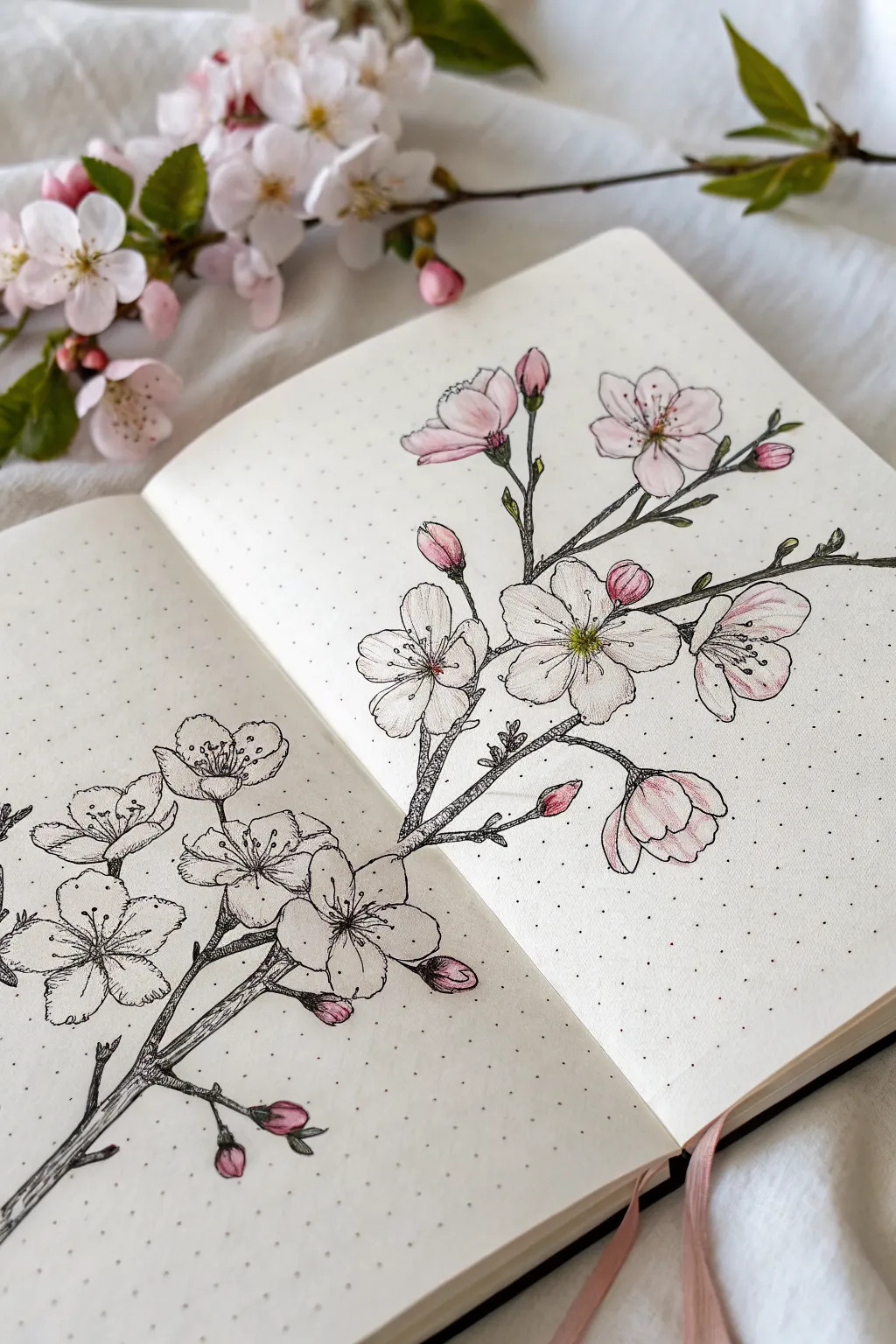 Minimal cherry blossom branch doodle with tiny buds and soft dot petals, clean and calm