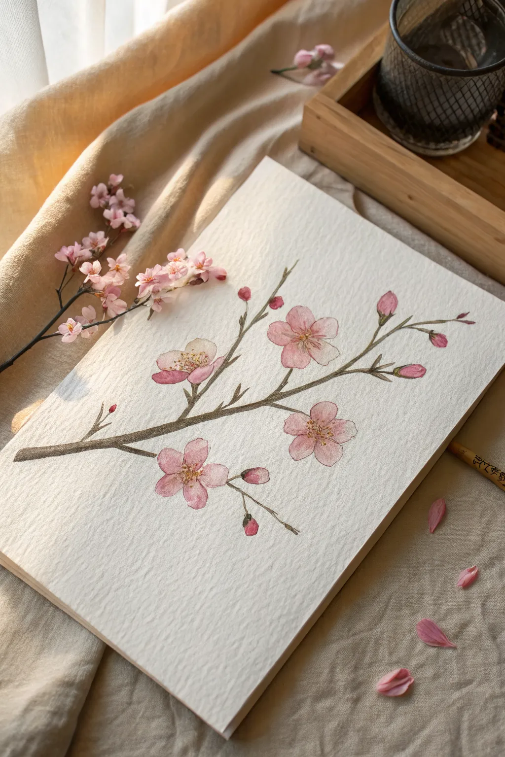 Easy cherry blossom branch sketch with loose five petal blooms and a few drifting petals