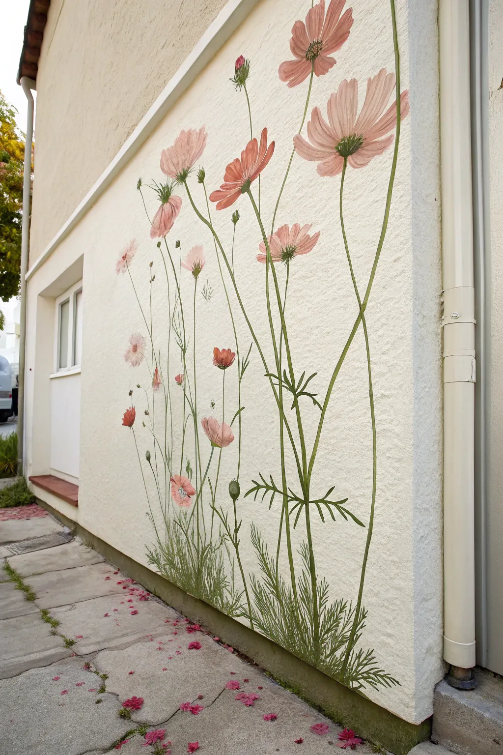 Extra-tall cosmos and poppies mural for a light, airy look that visually lifts the whole wall