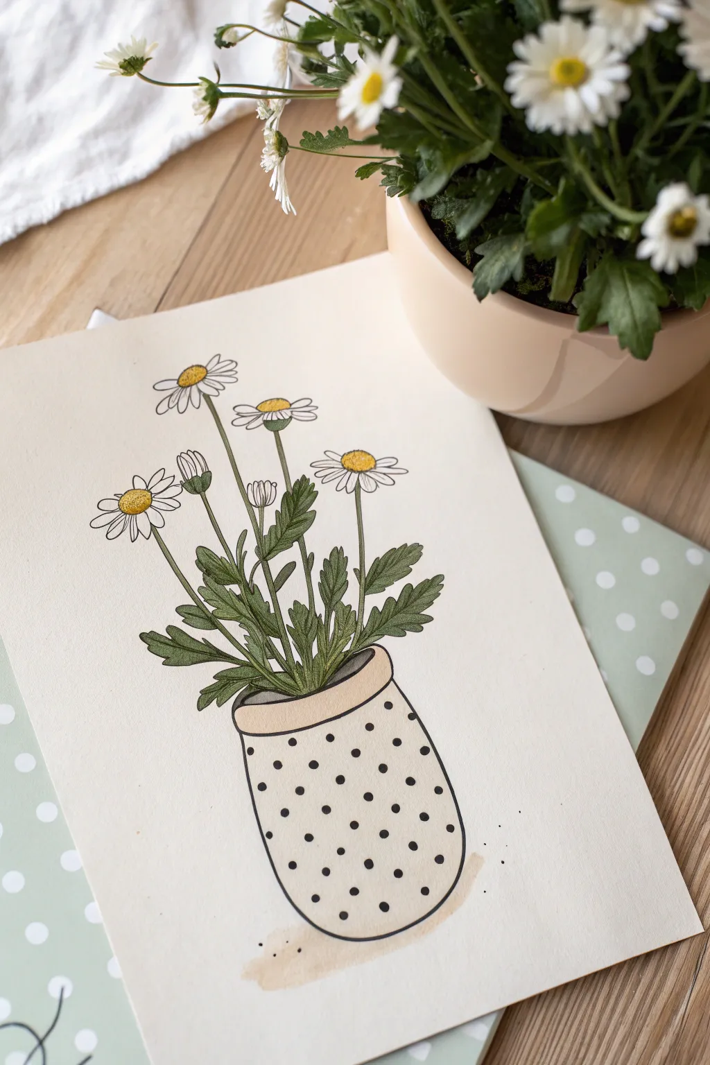 Polka-dot pot drawing with cute daisies, clean minimalist lines and a soft grounding shadow