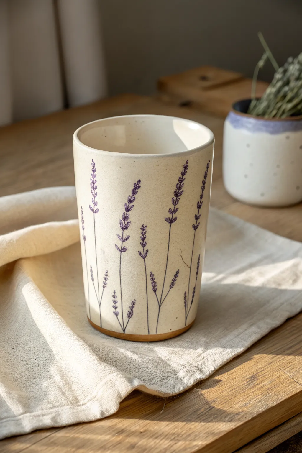 Calm lavender stem rows on a handmade ceramic tumbler, perfect for cozy herbal floral vibes