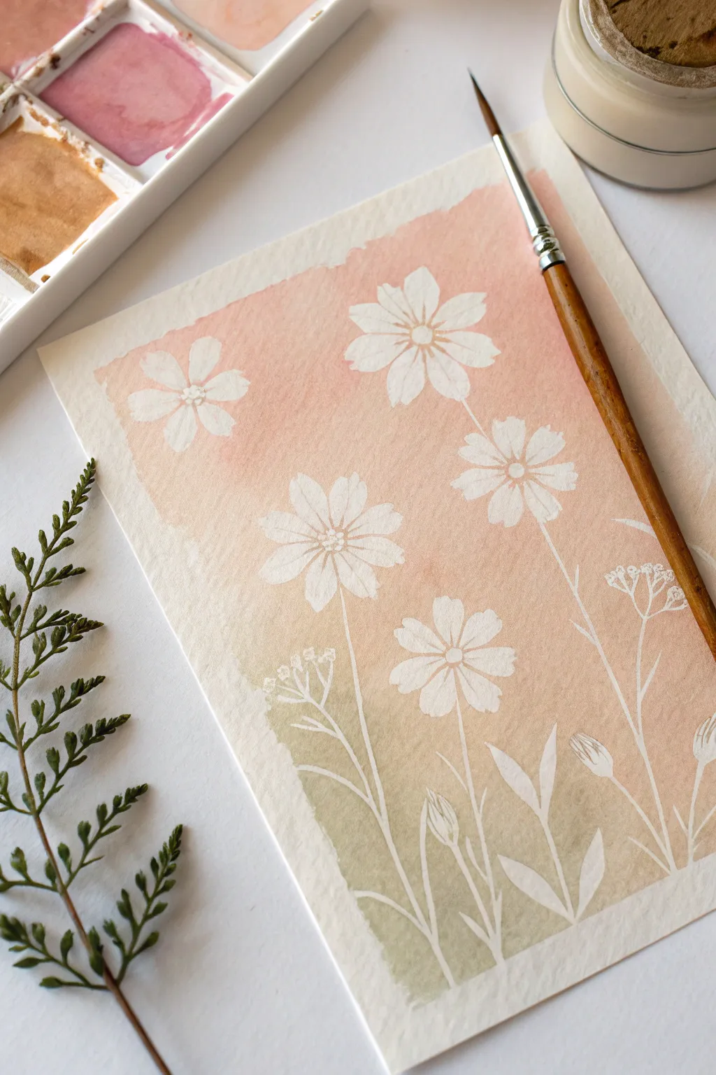 Soft wash + crisp negative space blooms, a minimalist flower print idea with an easy stamped look