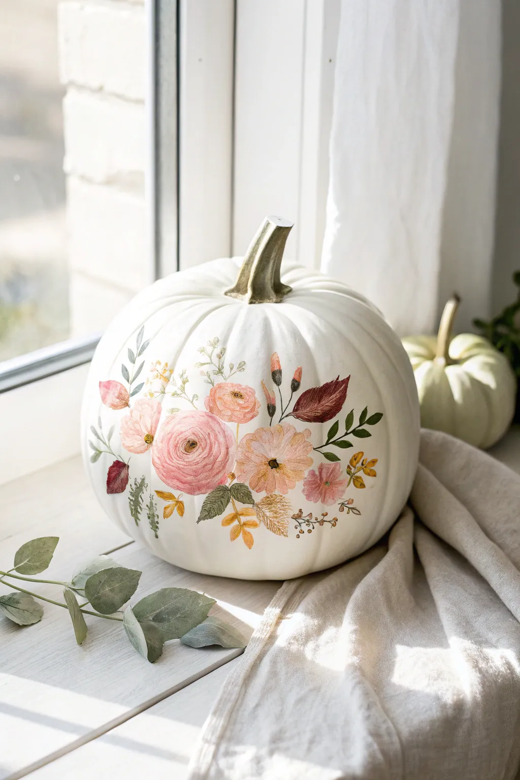 Soft pastel florals on a white pumpkin for cozy cottage minimalism with a clean, airy feel.
