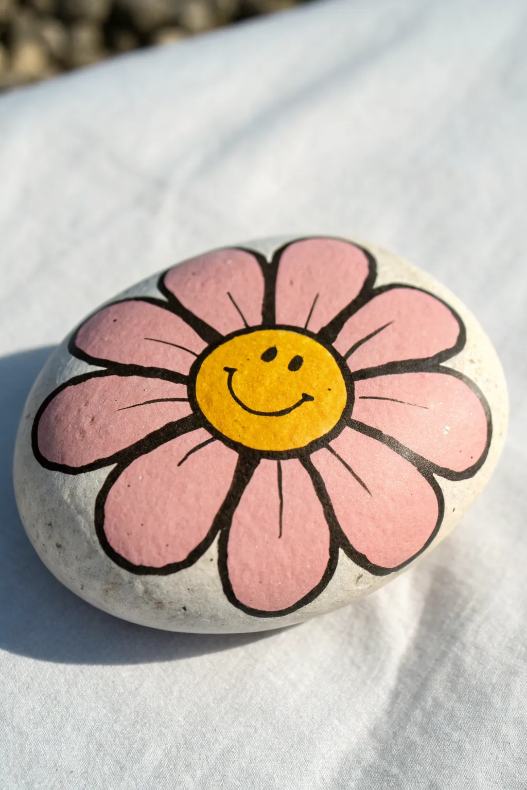 Cheerful smiley-face flower rock with bold petals and clean outlines for easy cute craft inspo