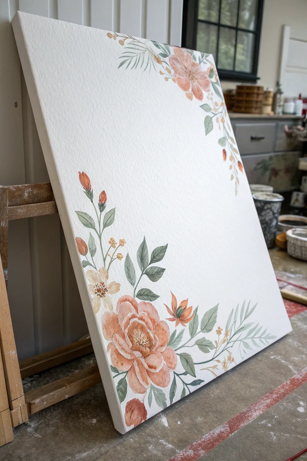 Paint loose florals on foam board with soft boho hues and plenty of calm white space.