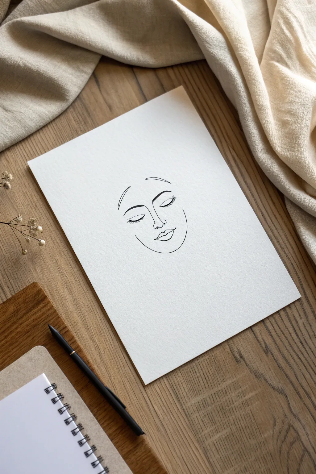 Continuous line focus drawing: a calm face in one unbroken stroke, start and end points visible.