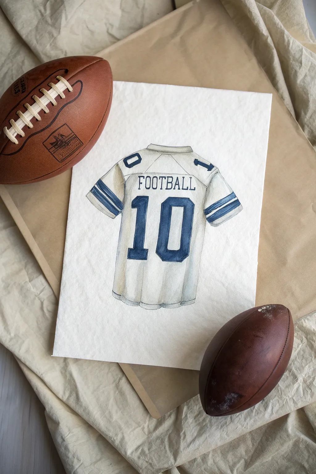 Minimal jersey-back painting with a bold number and a football tucked under the arm.