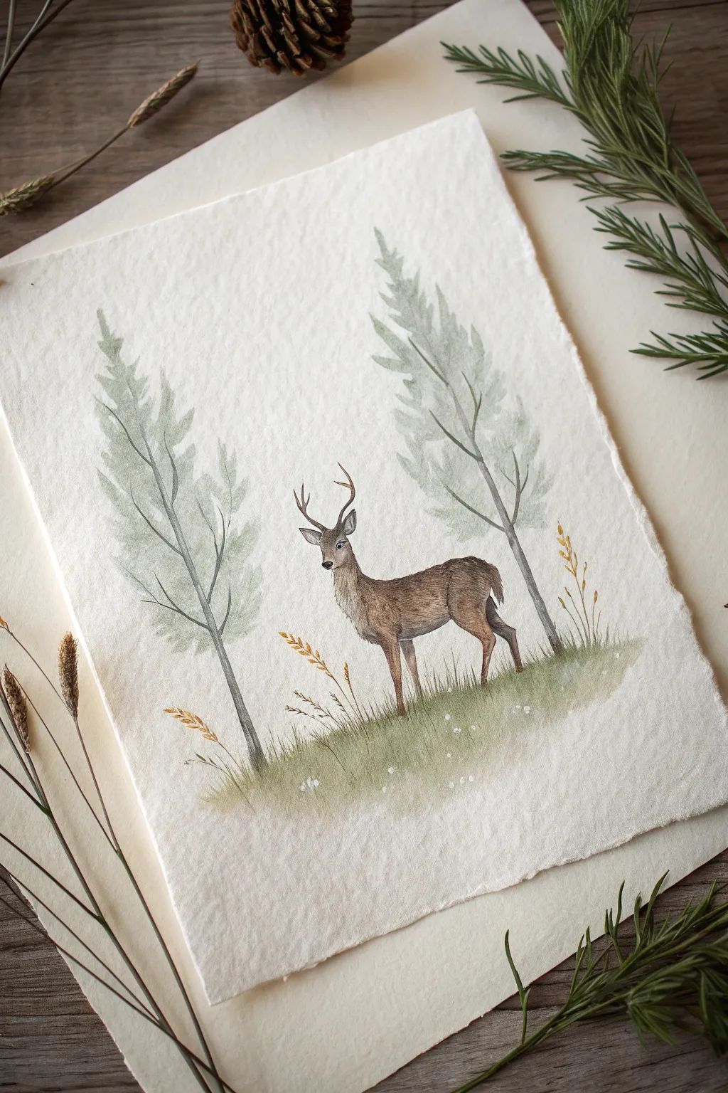Minimalist forest clearing sketch with a calm deer centerpiece, Scandinavian boho vibe.