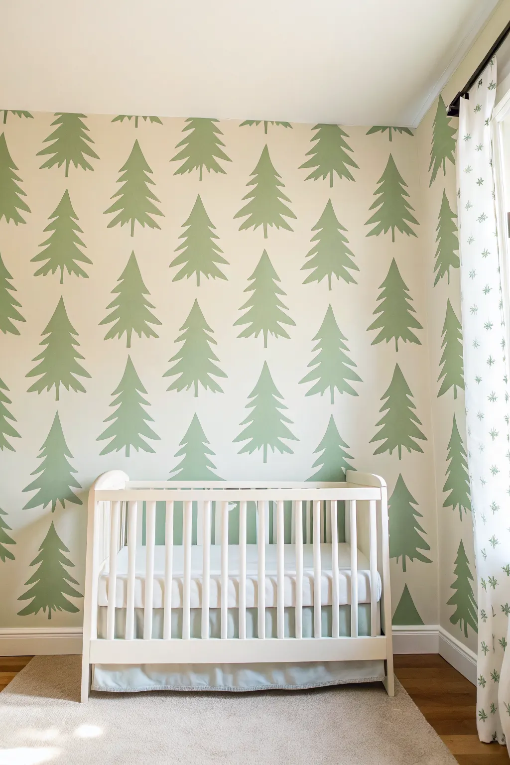 Paint a soft sage forest mural with rounded pines for a serene, minimalist nursery wall.