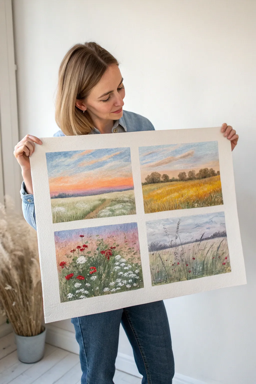 One horizon line flows from spring blooms to summer green, autumn warmth, and winter snow.