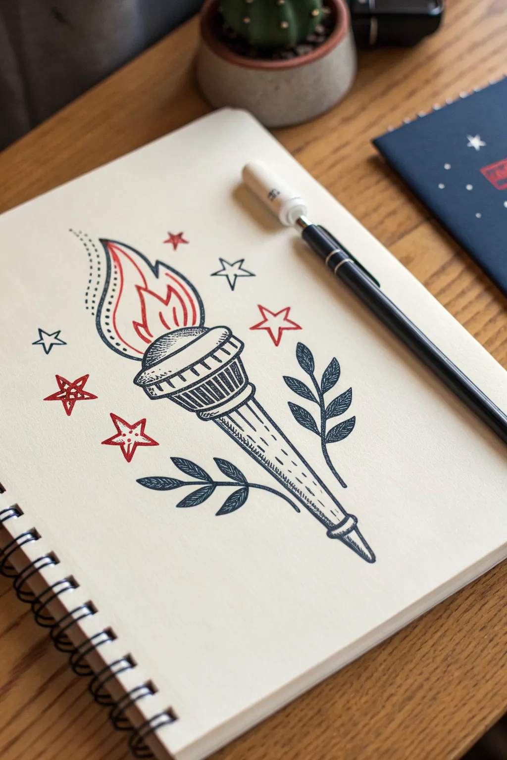 Liberty torch doodle with layered flame and tiny stars, a clean Fourth of July icon