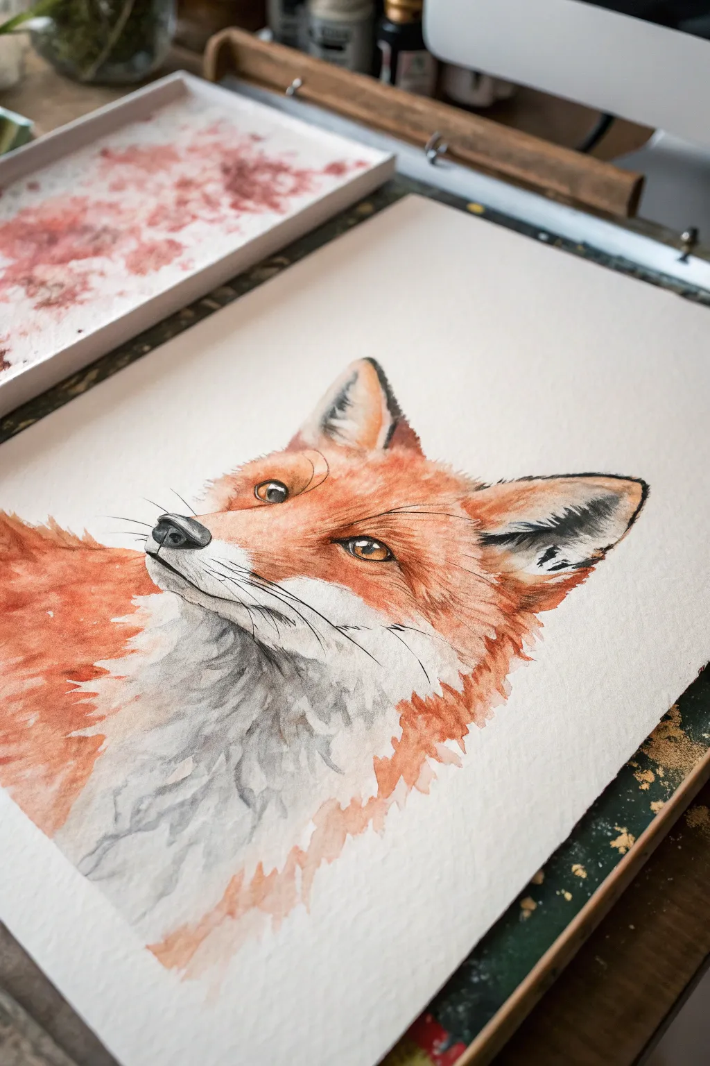 Soft watercolor wash fox on crisp paper, minimal Scandinavian-boho style with rich contrast