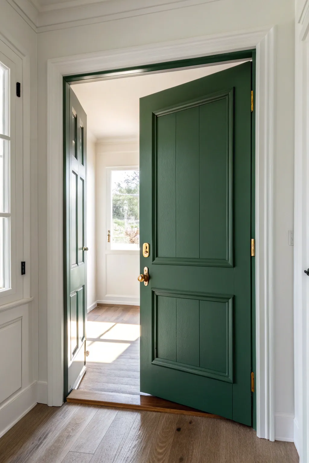 A rich painted front door anchors the foyer palette with calm, modern contrast and warmth.