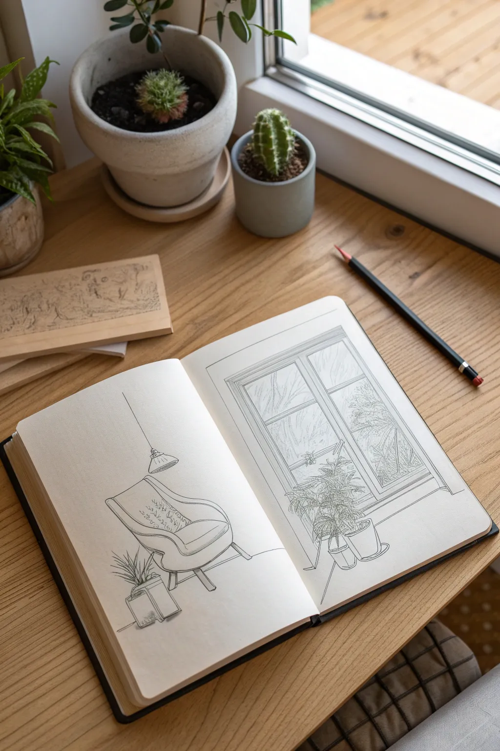 Cozy corner one-point perspective sketch idea with warm light, chair, window, and plant