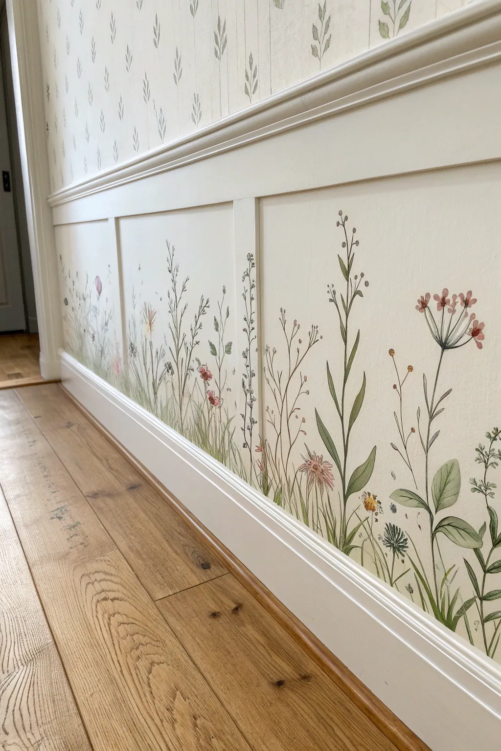 Airy freehand wildflower border along the baseboard for a soft Scandinavian boho wall accent