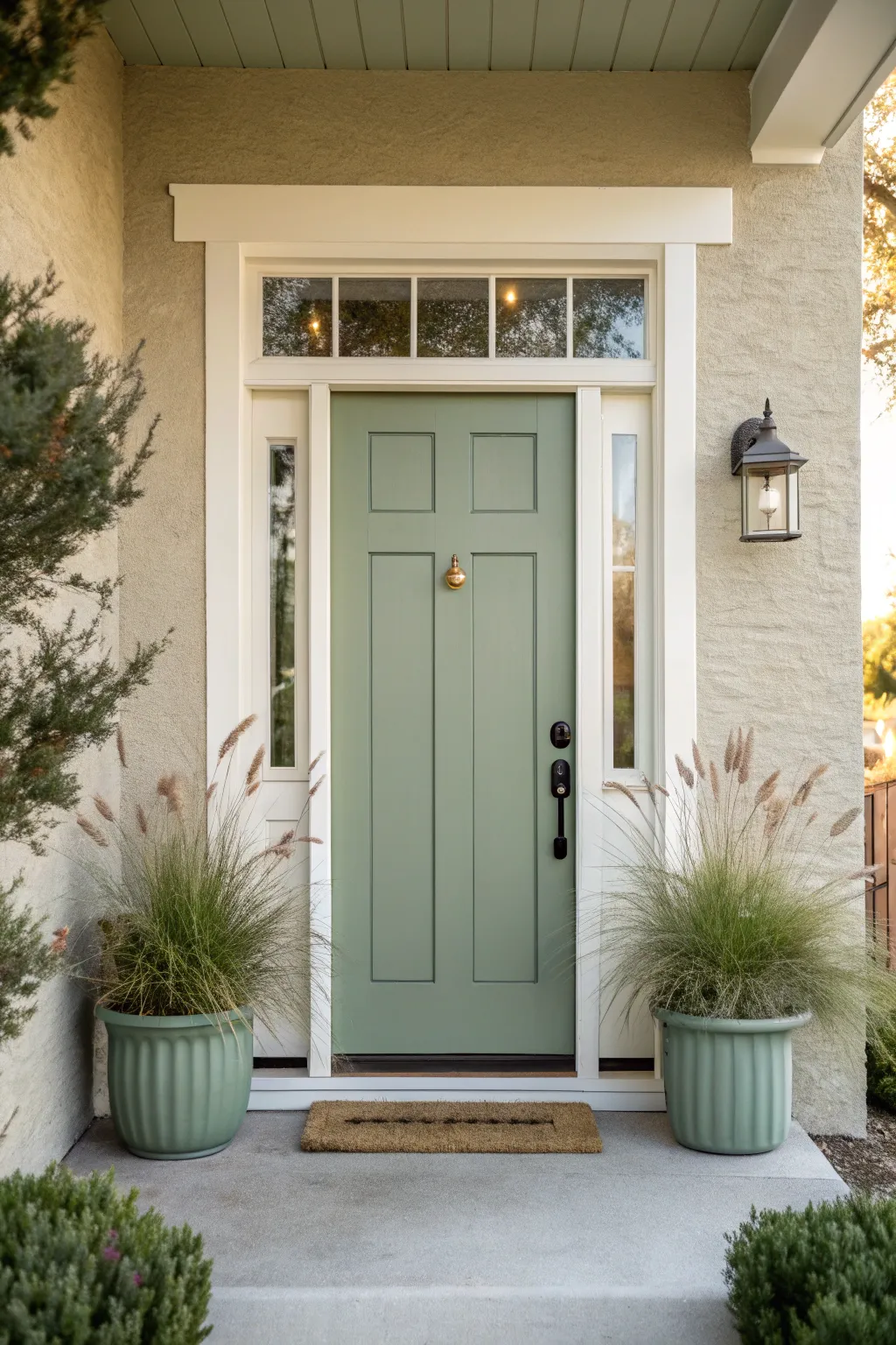 Sage green porch door paired with crisp light trim, blending seamlessly with lush landscaping.