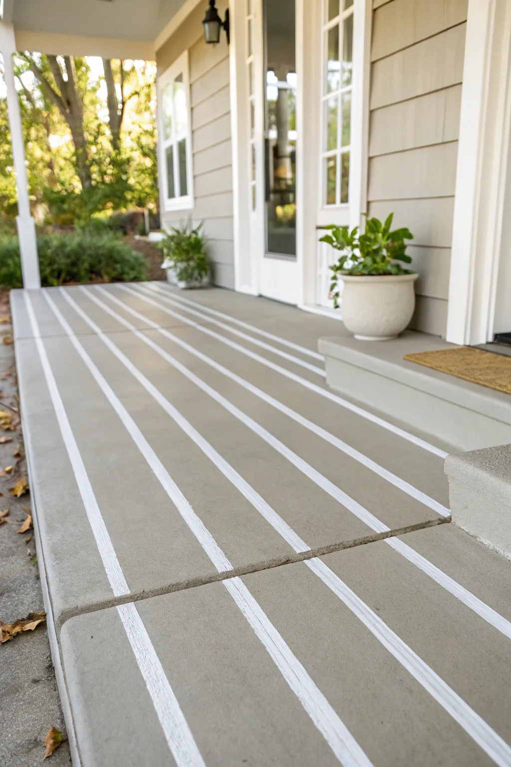 Crisp taped stripes on concrete for subtle texture, clean contrast, and a calm modern porch look