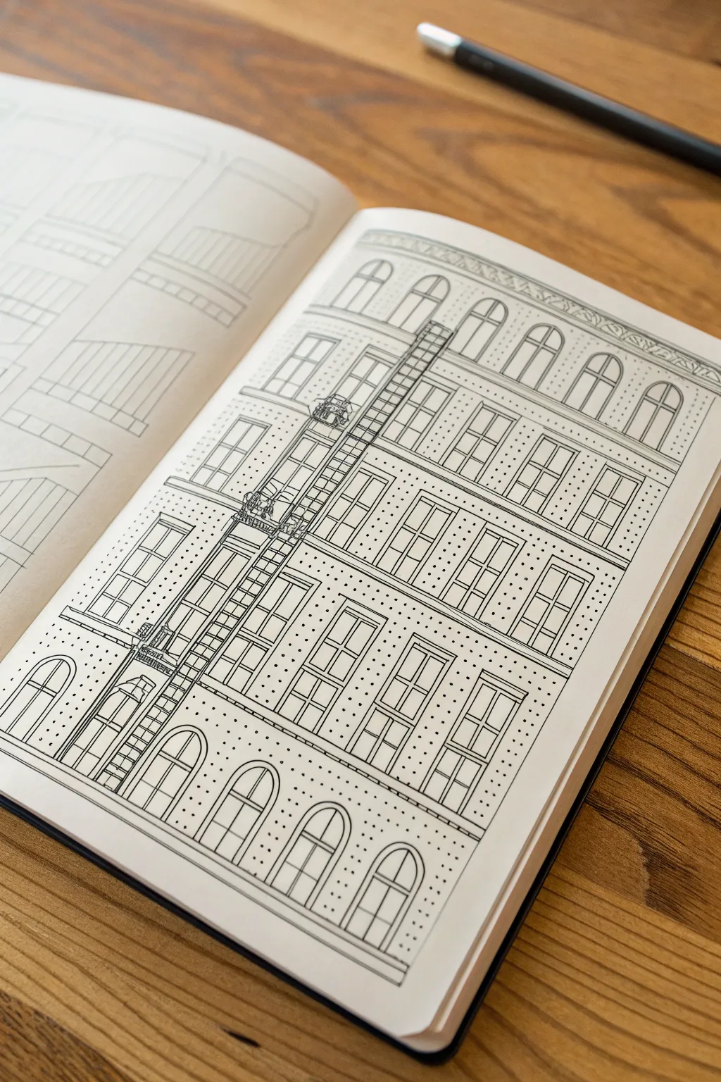 Full-page city windows and fire escapes pattern for a crisp, modern sketchbook spread
