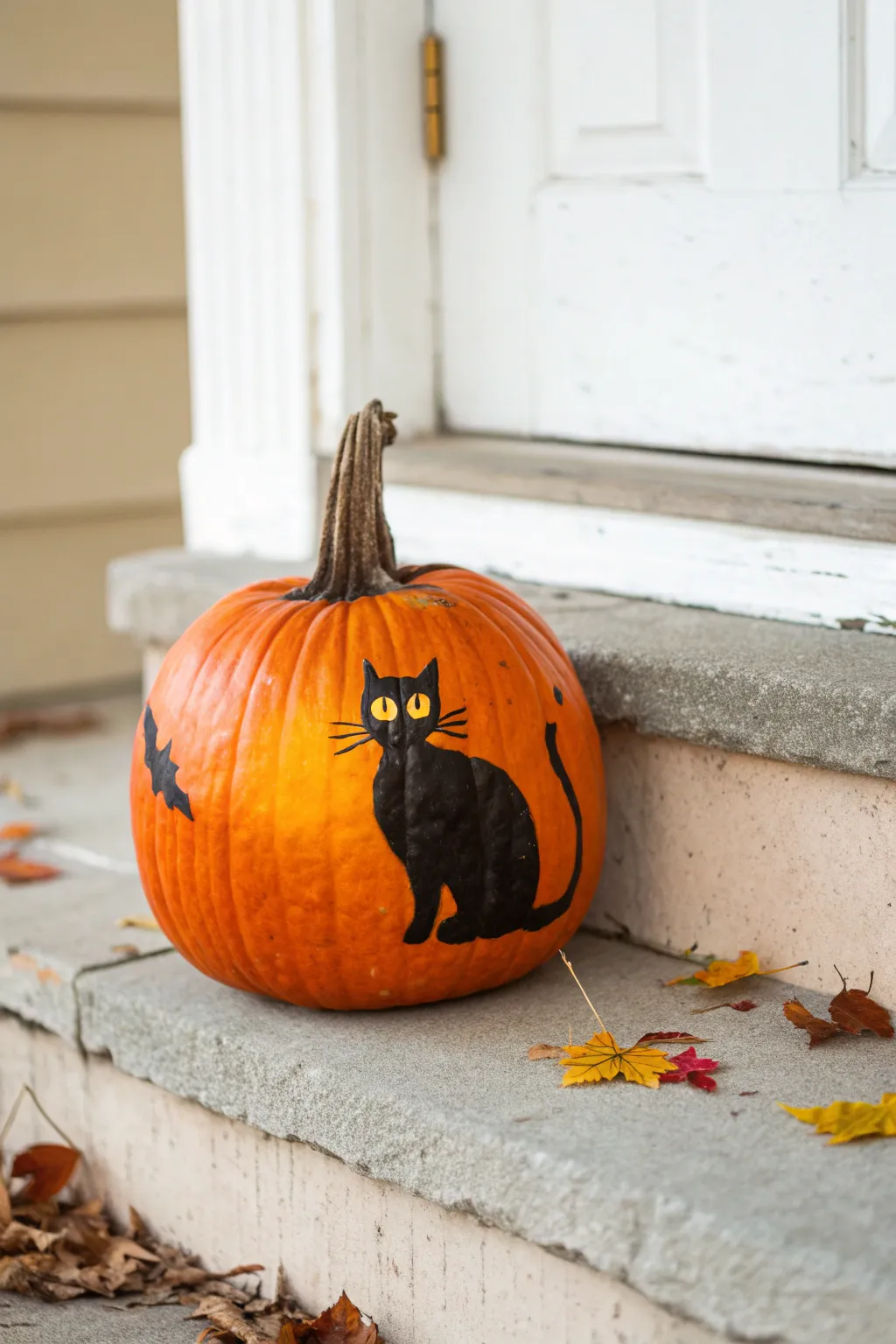 Cozy black cat silhouette pumpkin idea with bold contrast for a minimalist fall porch.