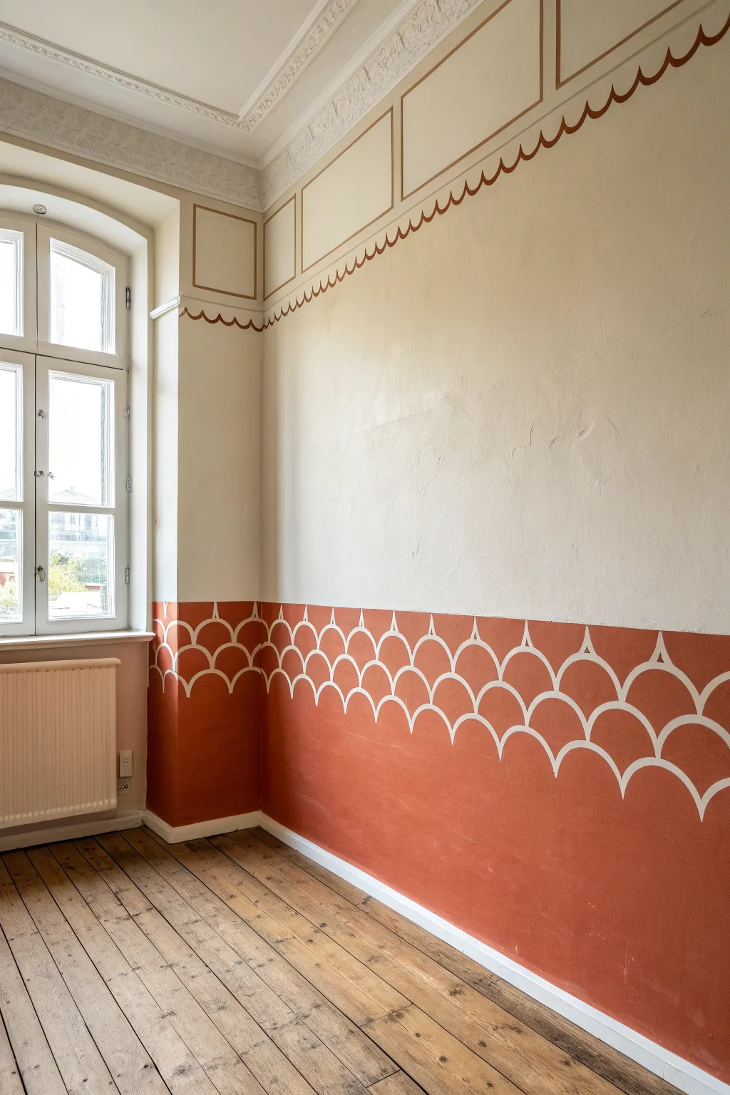 DIY whimsy: a clean scalloped paint border in terracotta and cream for a modern boho wall.