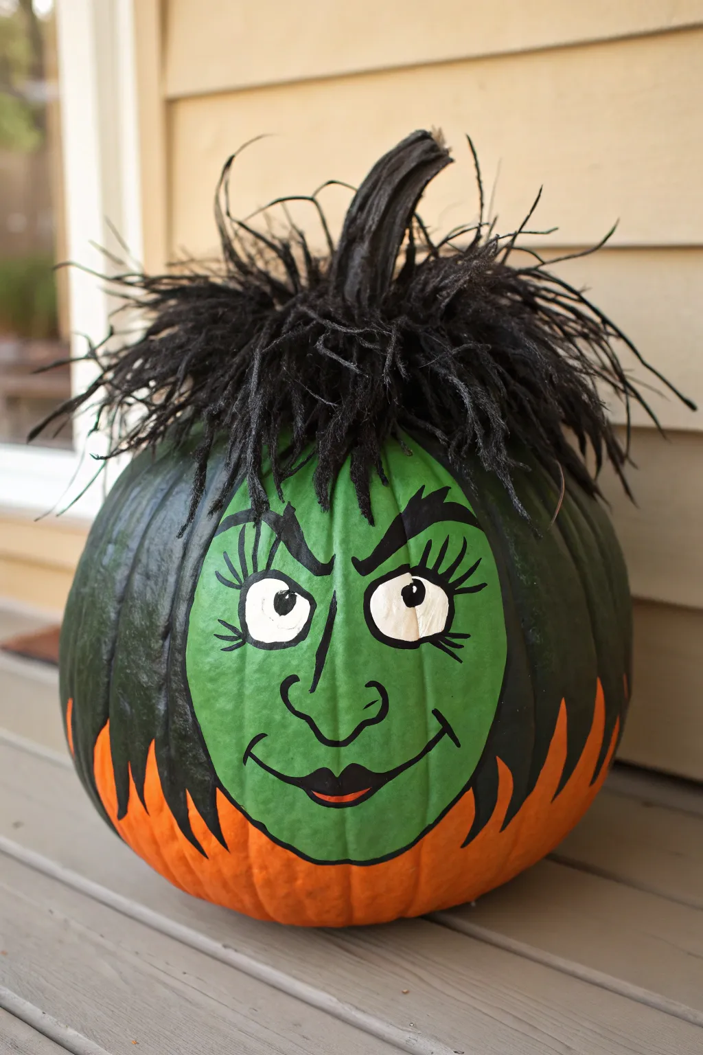 Unimpressed witch pumpkin with spiky bad hair, a minimalist funny painting idea for fall
