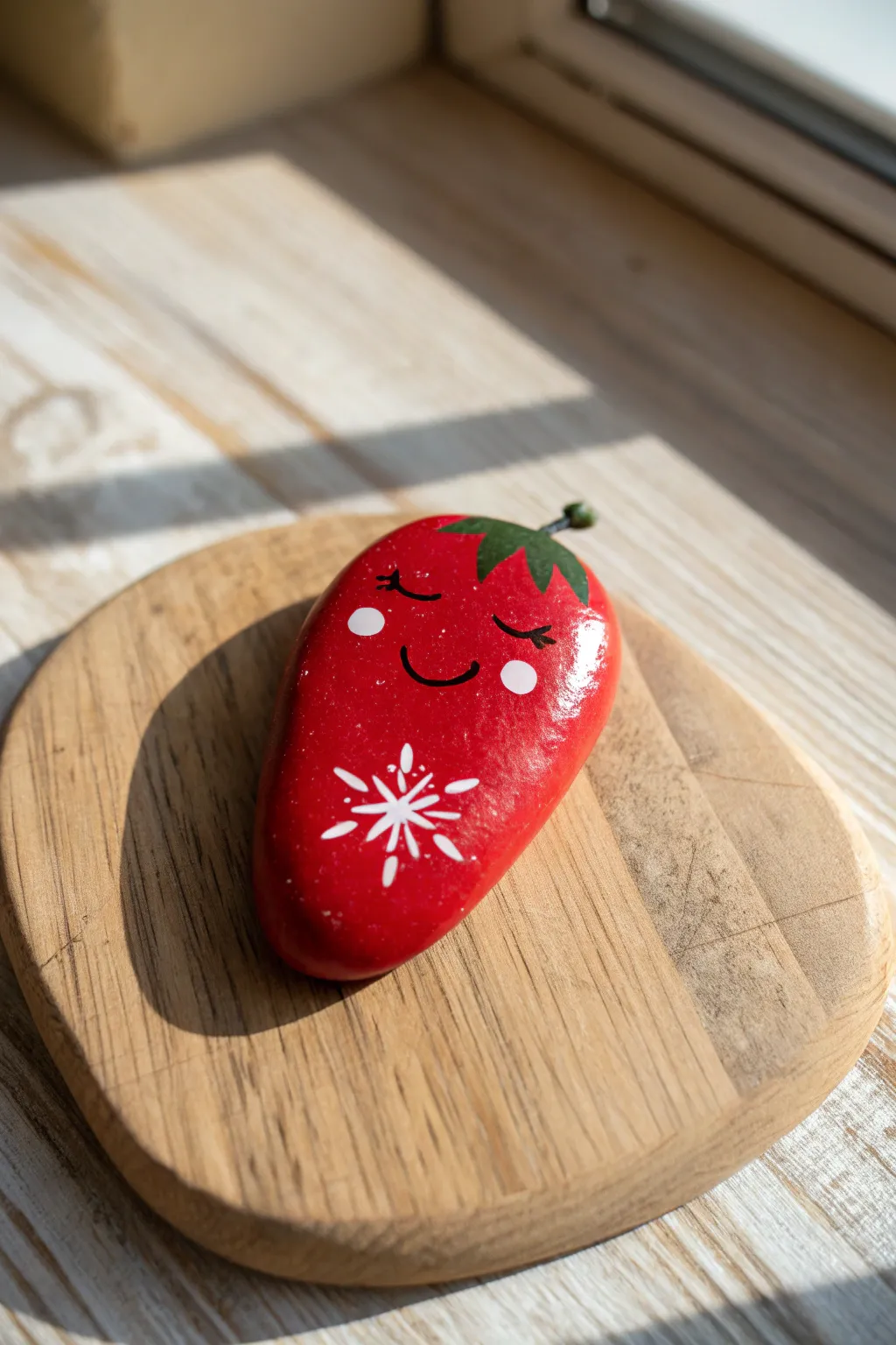 A chili rock with a chilly twist, cute face and handcrafted brushstrokes on light wood.