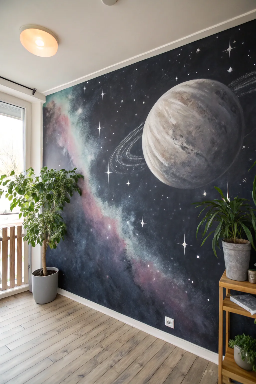 Big planet focal circle floating over a soft nebula, minimalist galaxy mural inspiration
