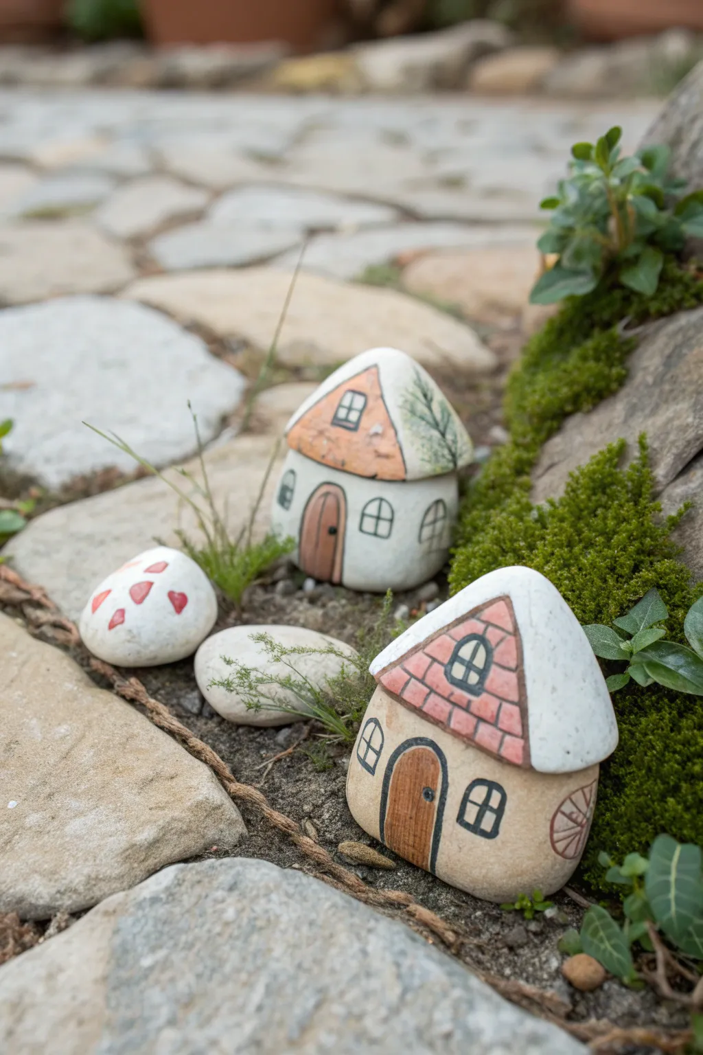 Mini fairy house rock village cluster with pebble paths and tiny mossy garden details