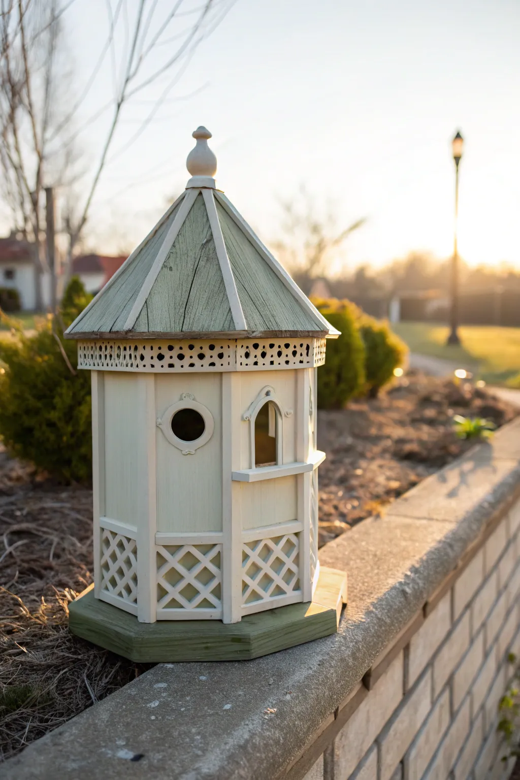 Lattice railing gazebo birdhouse idea: soft sunlight, minimal colors, handmade charm.