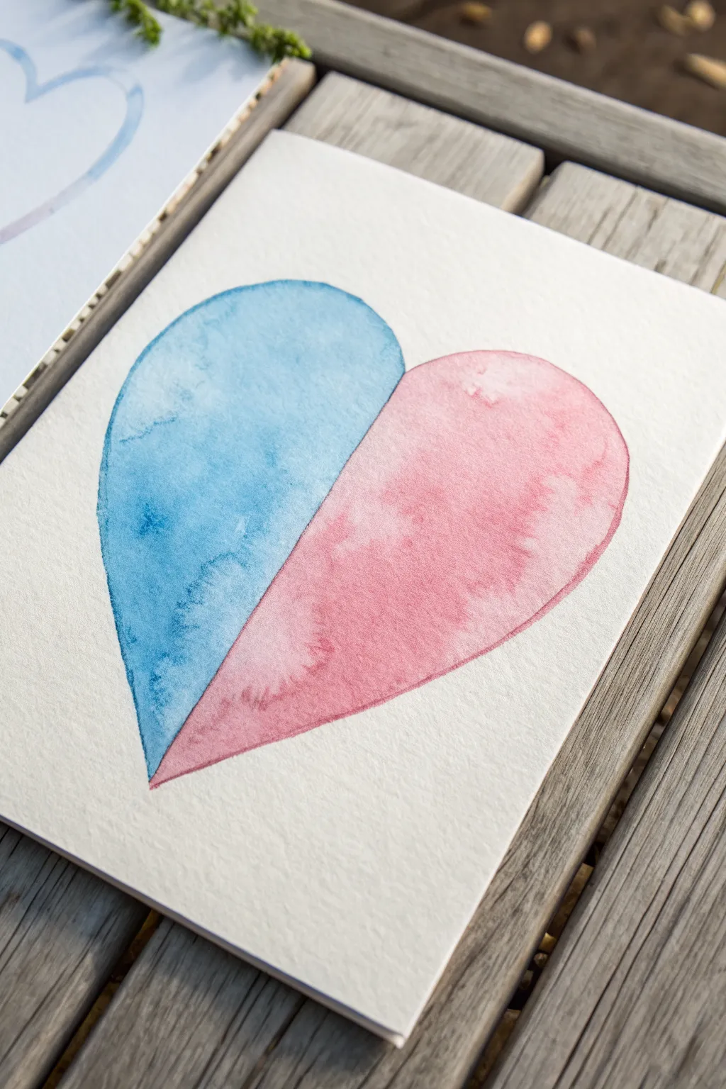 Minimal half-and-half watercolor heart in blue and pink, perfect for an easy gender reveal drawing