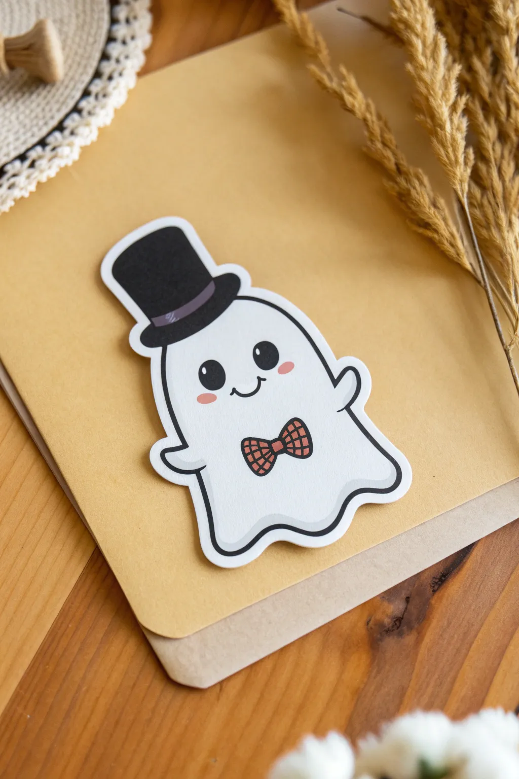 Dapper ghost sticker with top hat and bow tie, bold clean outline for minimalist spooky art