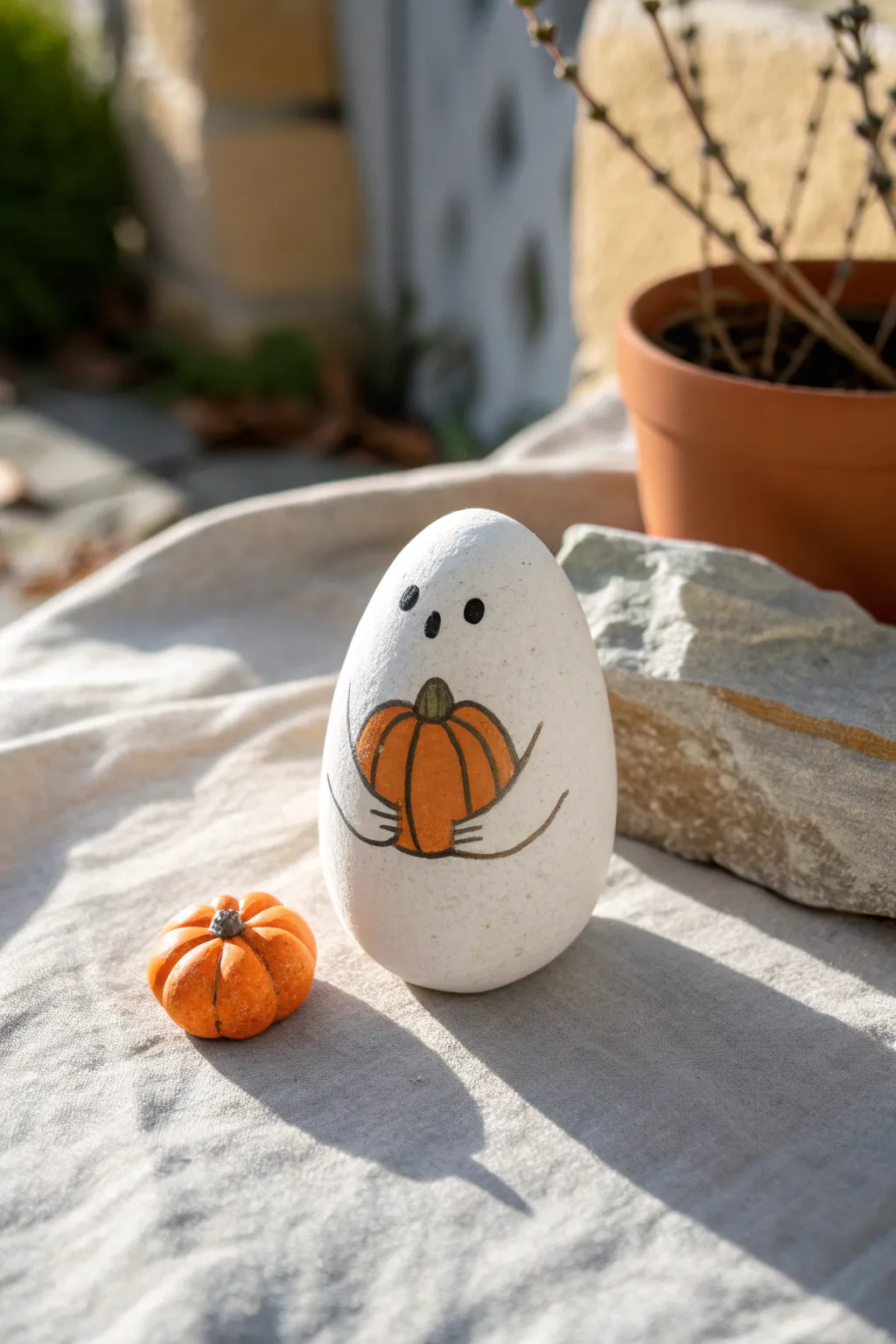Cozy pumpkin-hugging ghost rock for fall: simple, sweet, and easy to paint with warm tones.