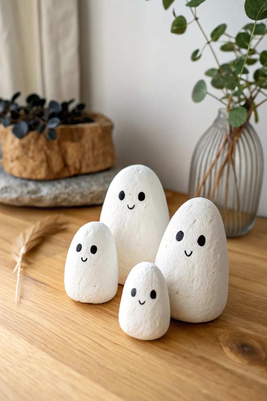 Three matching ghost rocks in a sweet family set, minimalist and cozy with natural contrast