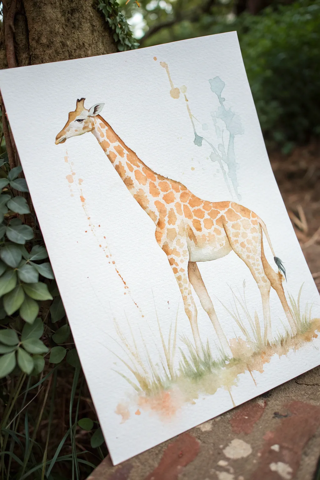 Loose watercolor giraffe with playful multicolor splatter spots on airy white paper.