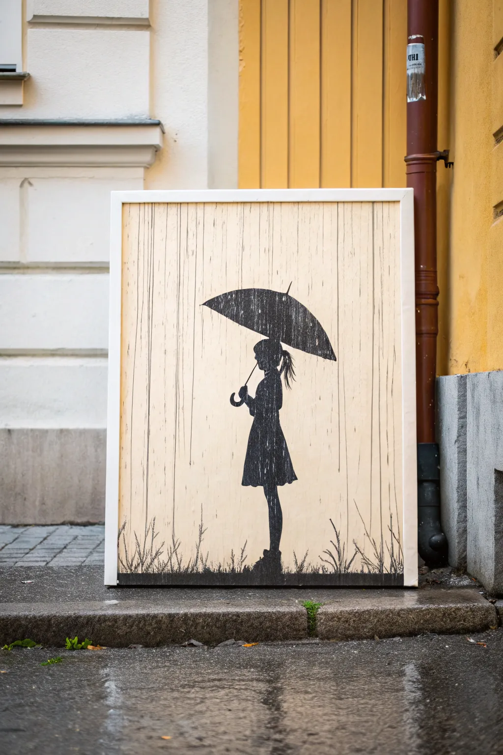 Minimalist girl with bold umbrella in soft rain, clean lines and cozy boho calm