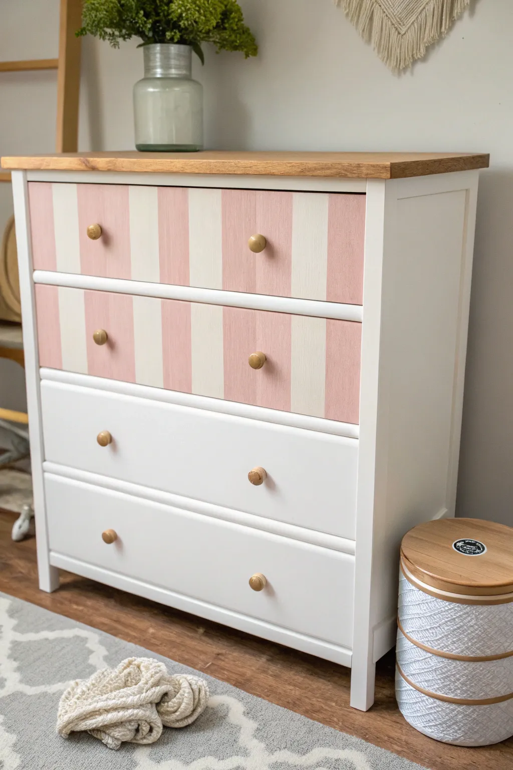 Cute striped girl dresser with crisp painted drawers and tape nearby for an easy DIY vibe