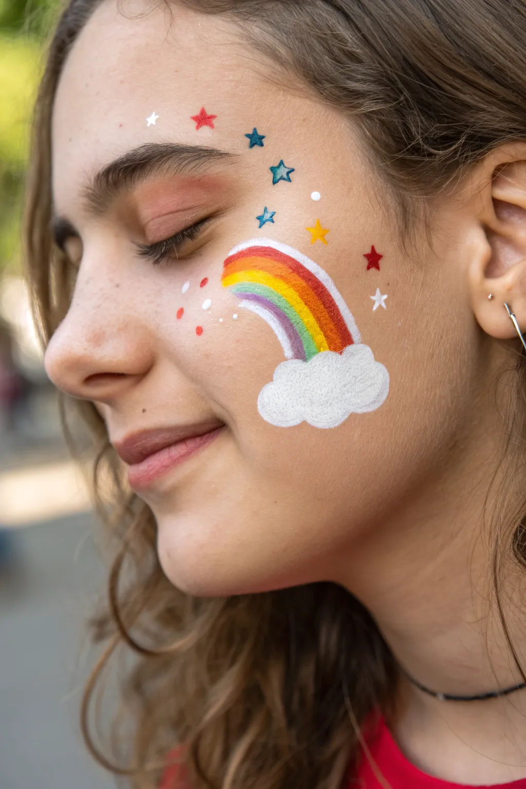 Rainbow and cloud cheek paint with tiny stars and dots for a clean, dreamy, quick-finish look