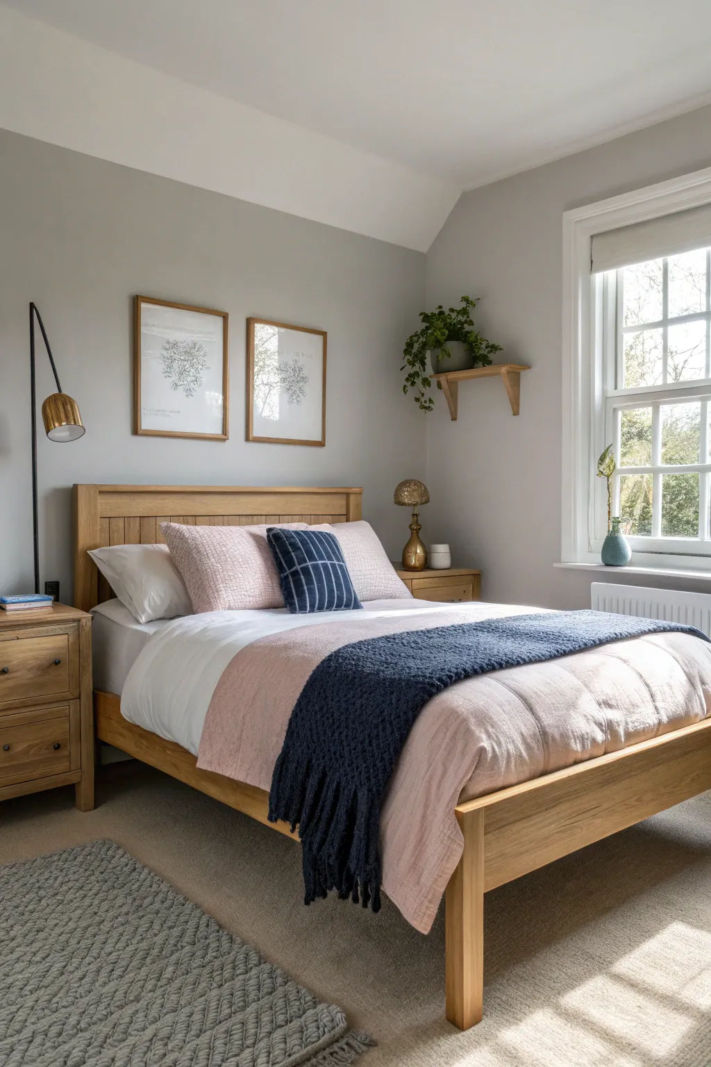 Greige walls create a timeless base for blush and navy accents in a cozy girls room