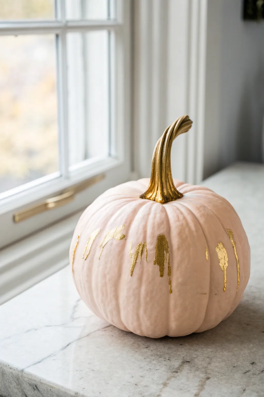 Pastel pumpkin with gold stem and delicate drips, minimalist boho glam for cozy fall.